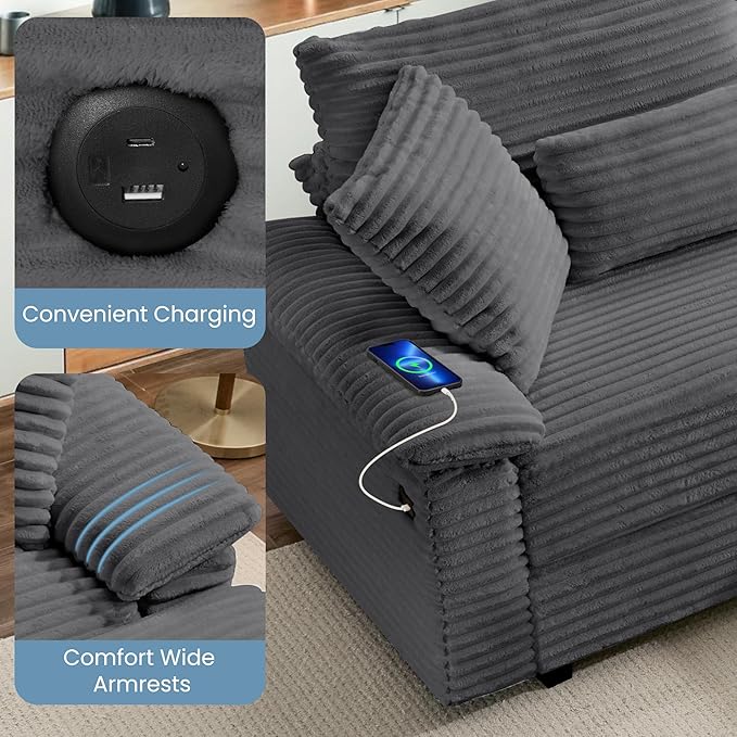 SUNWAVE 74 W Double Chaise Lounge Chair Indoor Oversized Loveseat with Storage Ottoman Corduroy Couch with USB Charging Removable Ottoman and Coffee Table Cushions for Living Room Bedroom