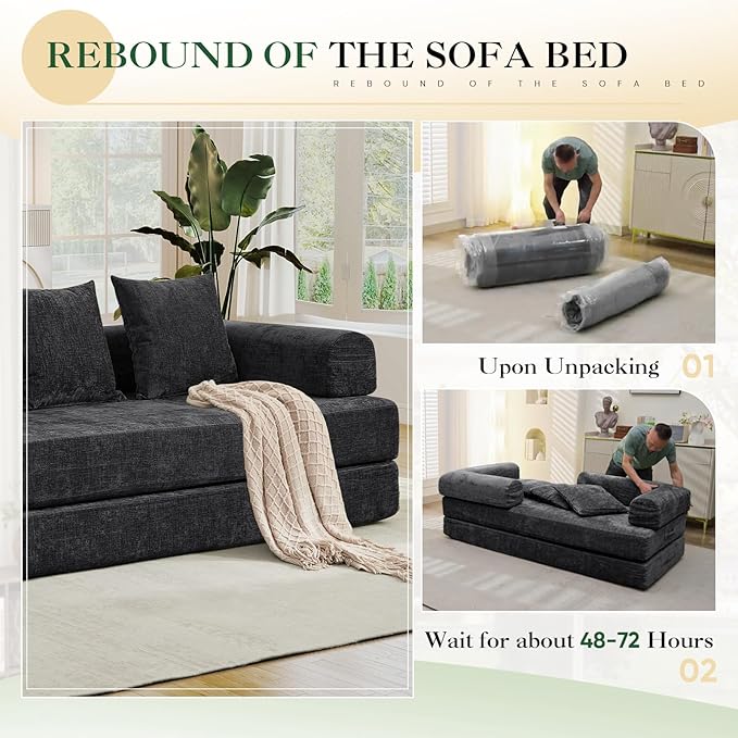 3 in 1 Convertible Futon Sofa Bed Modern King Size Chenille Loveseat Sleeper Sofa Folding 3-Seater Foldable Lounger Couch Bed for Living Room Bedroom Guest Room (Black 3 Throw Pillows)