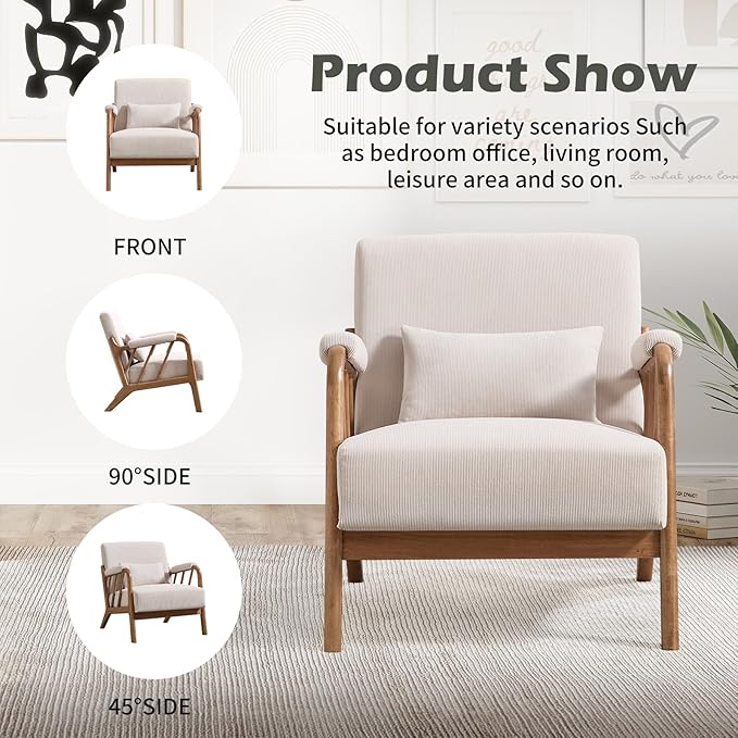 INZOY Accent Chairs Set of 2 Mid Century Modern Accent Chair with Wood Frame Upholstered Reading Armchair with Corduroy Fabric Accent Chair for Living Room Bedroom Apartment Easy Assembly Beige