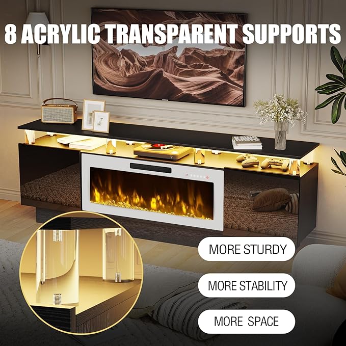 70 Modern Fireplace TV Stand with 36 Electric Fireplace for TVs Up to 80 inch Luxury LED Light Entertainment Center with High Gloss Cabinet (Black with White Fireplace 70 (8 Acrylic Posts))