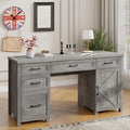 Farmhouse 61'' Executive Desk with 5 Drawers Rustic Office Desk Computer Desk with Charging Station File Drawers and Storage Cabinet Wood Workstation for Study and Home Office(Grey)
