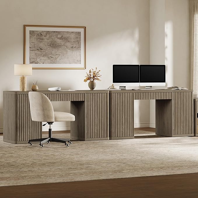 SICOTAS 61 Large Office Computer Desk with Storage Modern Home Office Desks with Drawer &amp Doors Fluted Desks Executive Desk Wooden Writing Table Vanity Table for Living Room Bedroom Grey Alder