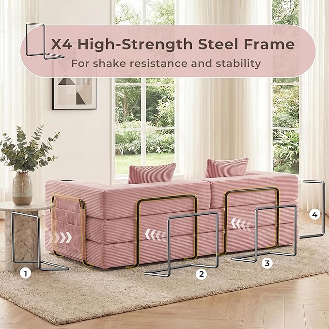 WELAX 72.8 Convertible Sleeper Sofa Bed Boneless Cloud Queen Futon Couches with Cupholders &amp Storage Pockets Corduroy Folding Floor Couch for Bedroom Apartment No Assembly Pink