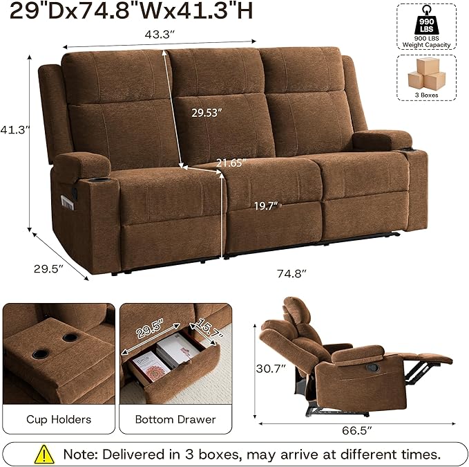 3-Seater Manual Reclining Sofa with Cup Holders Large Chenille Fabric Recliner Couch with Wide Seats Spill-Resistant &amp Easy Assembly Double Side Reclining Chairs for Living Room RV