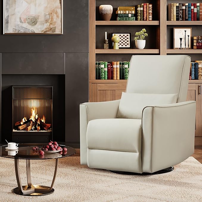 IDEALHOUSE Swivel Rocking Nursery Recliner Chair Rocker Recliner Glider Deep Seat PU Leather Sofa Chair with high Backrest for Nursery Living Room Bedroom &amp Home Movie Theater (Beige)