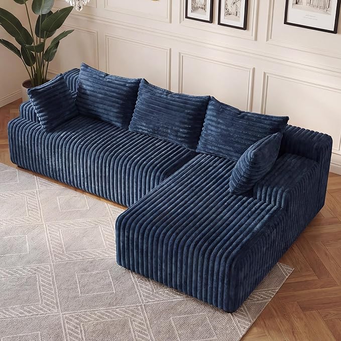 Redlife 95 L-Shaped Modular Sectional Sofa Faux Rabbit Fur Modular Floor Couch with Chaise High-Density 30D Foam Sponge No Assembly Required 5 Pillows Compressed for Living Room (Blue)