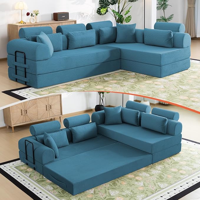 106 L-Shaped Modular Boneless Couch 2-Piece System (2×70.87) Convertible Sectional to 141.7 Straight Sofa Corduroy Couch in a Box Headrest &amp Back Pillows for Living Room Ocean Blue