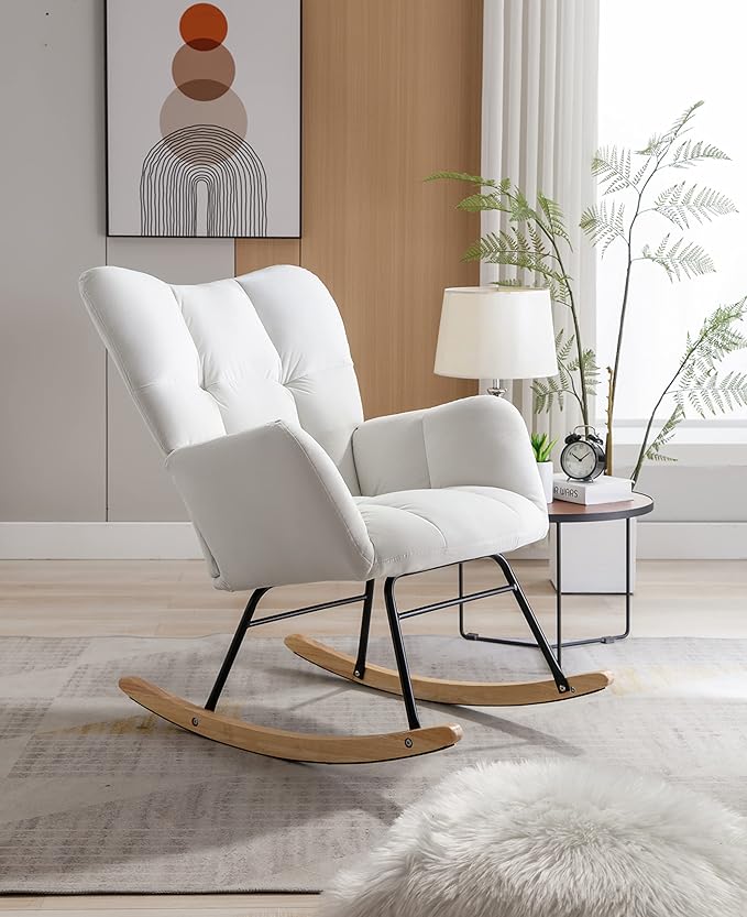 Mid Century Modern Velvet Tufted Upholstered Rocking Chair Padded Seat for Living Room Bedroom White
