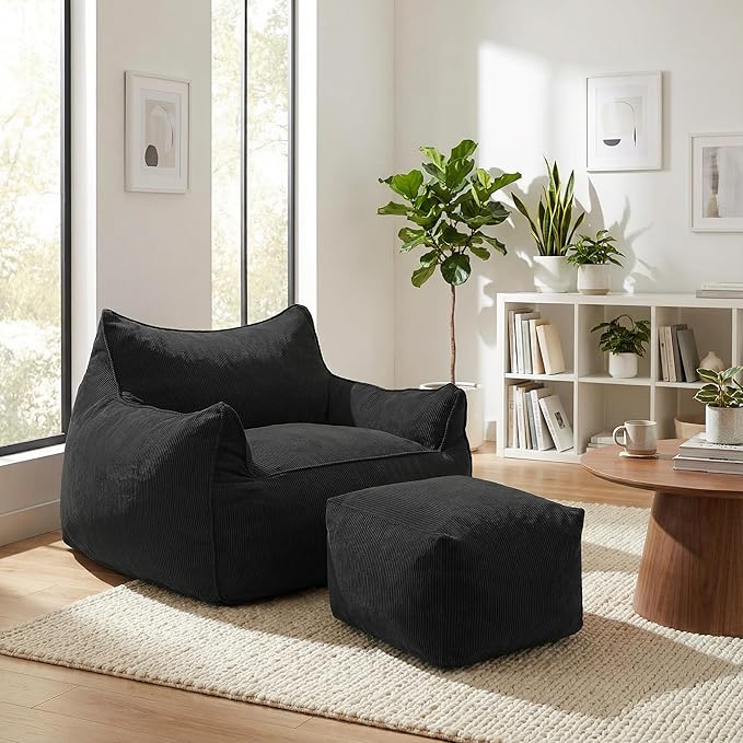 YOURLITE Bean Bag Chair for Adults with Footrest High-Resilience Foam Filled Bean Bag Sofa with Armrests and Backrest Comfy Corduroy Floor Sofa for Living Room Bedroom or Balcony (Dark Grey)