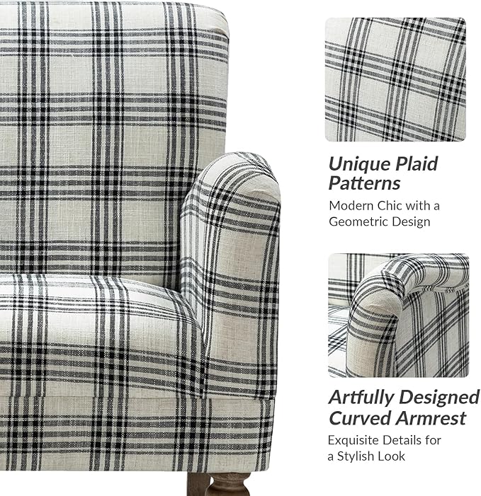 HULALA HOME Modern Accent Chair with Arms &amp Wooden Legs Comfy Upholstered Armchair Sofa Chair for Bedroom Living Room(Plaid Pattern Black)