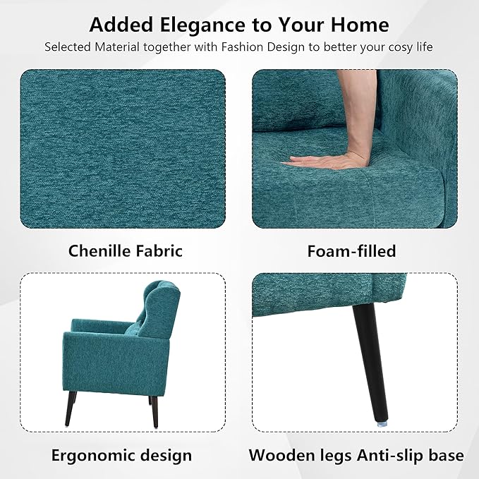 Modern Accent Chair Chenille Fabric Upholstered Tufted Side Wingback ChairMid Century Reading Chair Armchair with Waist Pillow Backrest for Living Room Bedroom (Teal)