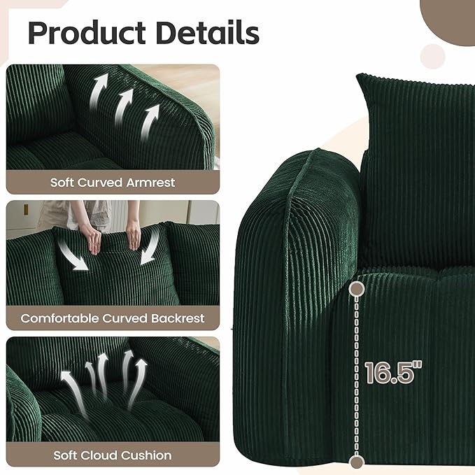 Comfy 3-Stear Sofa with 2 Armchair Set of 3 Corduroy Sofa for Living Room Boneless Lounge Floor Cloud Couch for Small Spaces for Bedroom Office Apartment Green