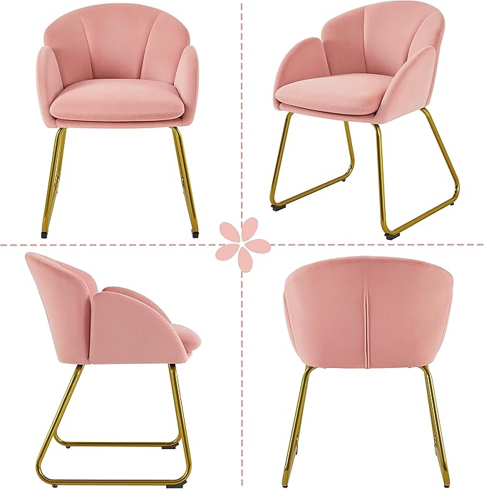 Yaheetech Velvet Living Room Chair Flower Shaped Armchair with Golden Legs Upholstered Side Chair for Vanity Room Living Room Kitchen Set of 2 Pink