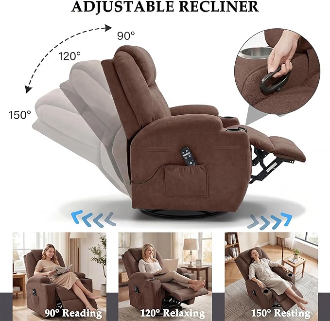 Flamaker Swivel Rocker Recliner for Adults 360 Glider Rocking Chair with Vibration Massage Upholstered Recliner Chair with 2 Cup Holders &amp Side Pockets for Living Room Nursery (Leathaire Brown