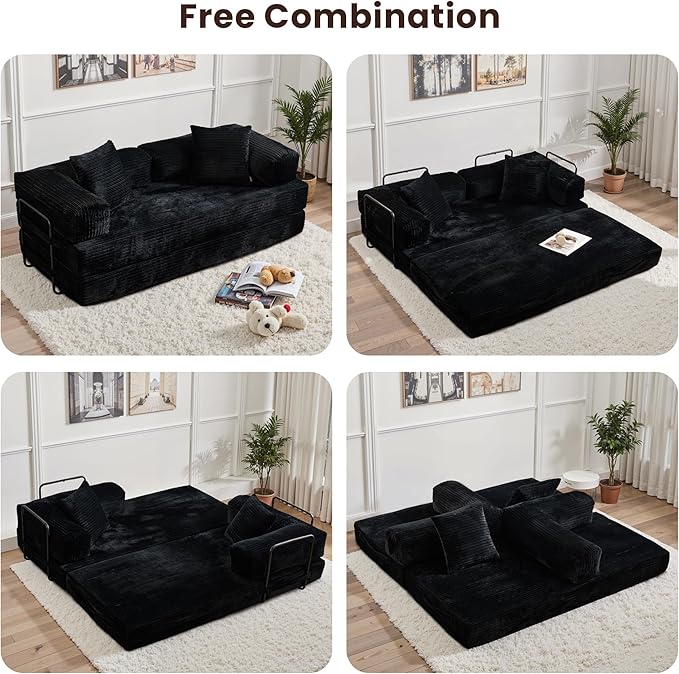 4-in-1 Convertible Sleeper Sofa Bed80 Inch Corduroy Loveseat Sleeper with Pull Out BedBoneless Couch with Fixed-Shape FrameFloor Sofa Modular Couch for Living Room Bedroom Lounge (Black)