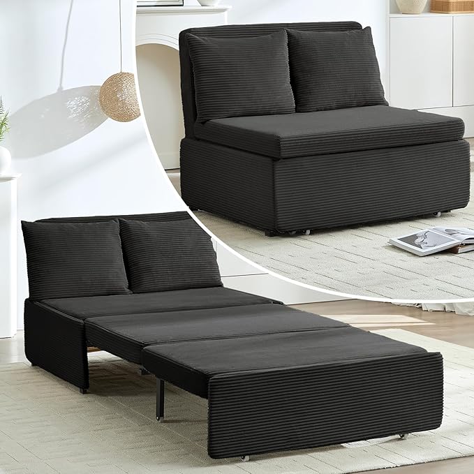 PUREMIND 3-in-1 Twin Size Pull Out Sofa Bed Convertible Corduroy Couch with Pillows and 3.9 Memory Foam Mattress Loveseat Sofa-Bed for Living Room Apartment (Dark Grey)