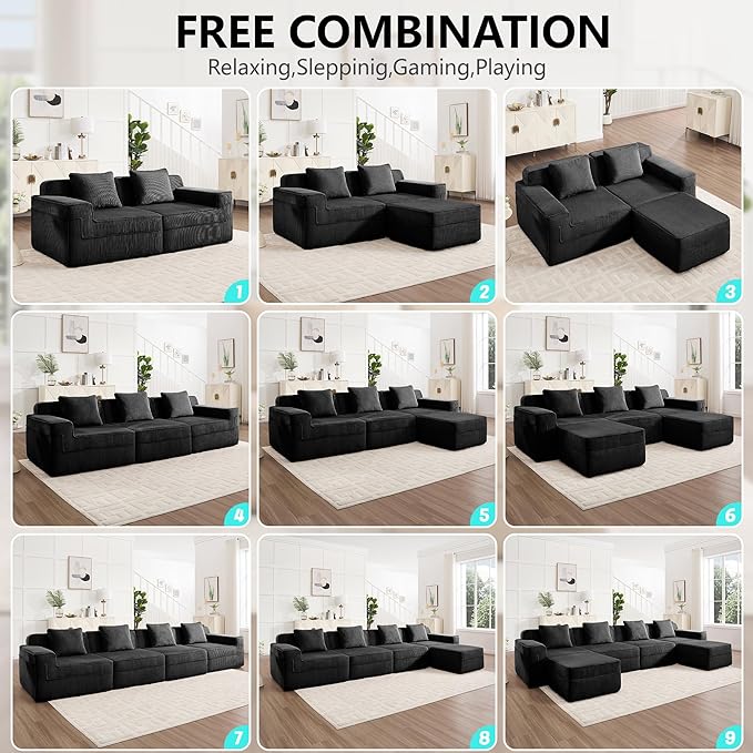 Modular Sectional Cloud Couch 153.5'' Boneless Couch Sofa with Deep Seat Corduroy Modern Sofa for Living Room No Assembly U-Shaped Black