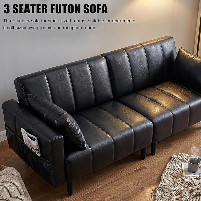 83 Mid Century Modern Futon Sofa Bed 3 Seater Faux Leather Couch with Adjustable Backrest Comfy Upholstered Sleeper Sofa for Living Room Apartment Home Office (Black)