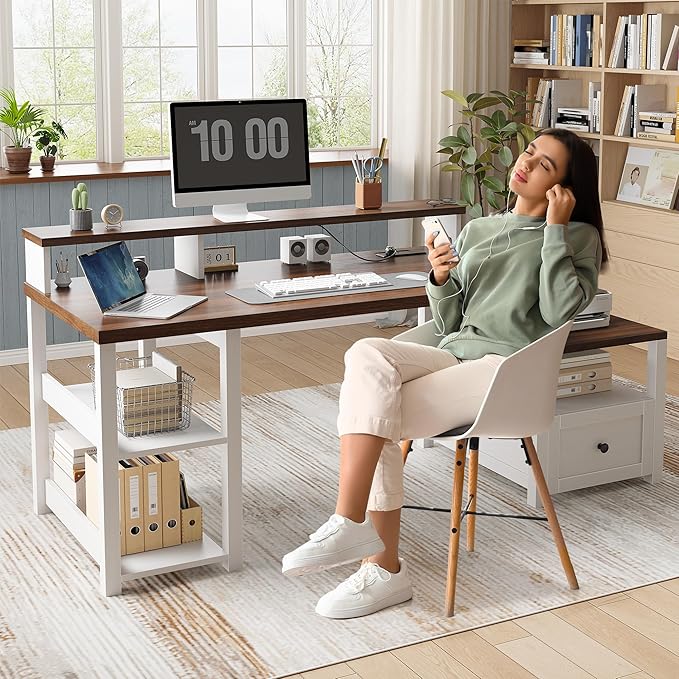 EnHomee 60.4 Computer Desk with Drawer &amp Power Outlet Gaming Desk with LED Light Farmhouse Desk Study Desk with Monitor Stand Home Office Desk Work Desk for Bedroom Study Room White
