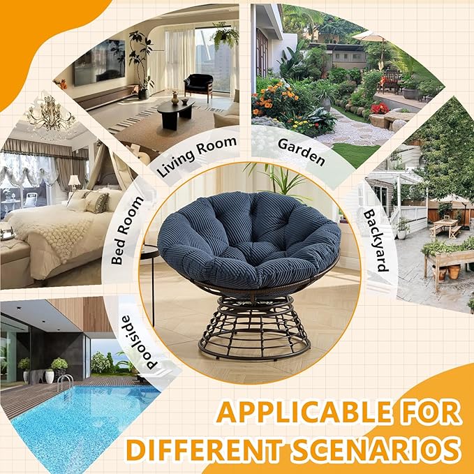 36” Papasan Chair with Cushion and Frame Oversized Papasan Chairs 360° Swivel Olefin Adjustable Feet Suitable for Living Room Patio Bedroom Indoor/Outdoor (Navy Blue)