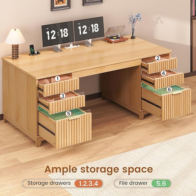 SEDETA 55.1 Fluted Office Desk with 6 Drawers Modern Executive Desk with Acrylic File Drawers Computer Desk with Power outlets for Home Office and Study Natrual