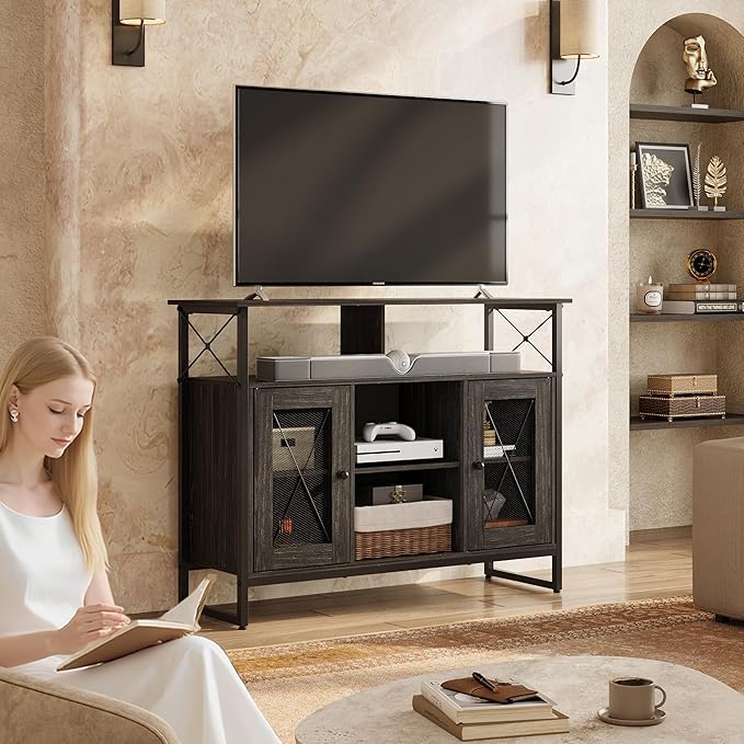 WLIVE TV Stand for 43 Inch TV Small Entertainment Center with Storage Cabinet &amp Adjustable Shelves Farmhouse Industrial TV Stands for Living Room and Bedroom 32 TV Console Black