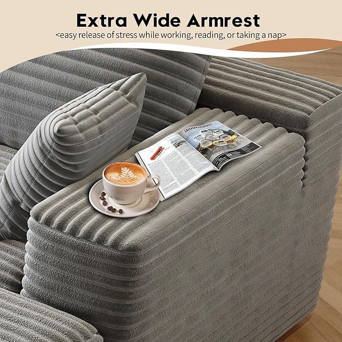 168.5 Cloud Sectional Sofa for Living Room Plush Corduroy Cover Fluffy Memory Foam Cushions No Assembly Required U Shaped Modular Chaise Lounge Oversized Comfortable Couches Set Grey