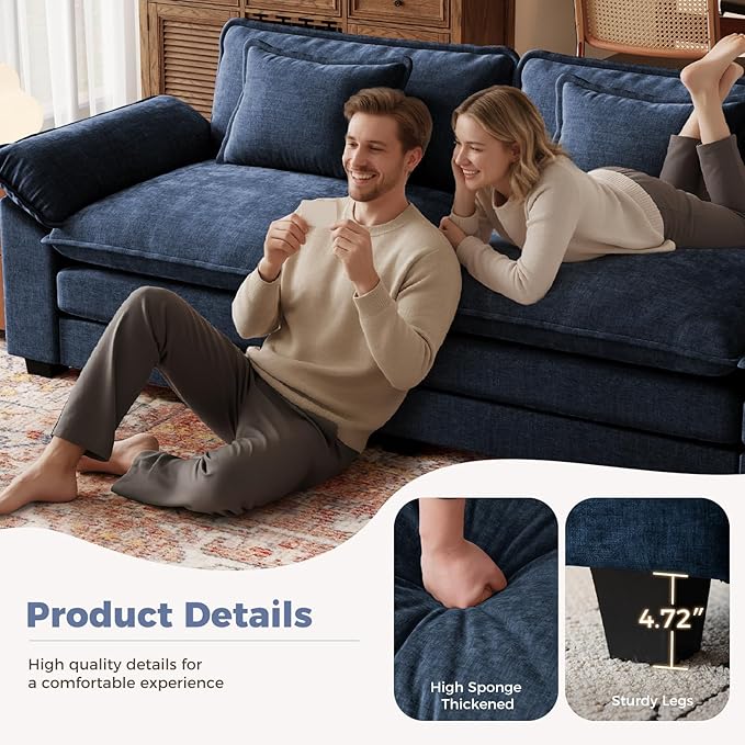 CDCASA 120 Modular Sectional Sofa Comfy Cloud Couch with 3 Movable Ottomans Oversized 6-Seater Chenille Deep Seat Sofa Bed for Living RoomBedroom Blue