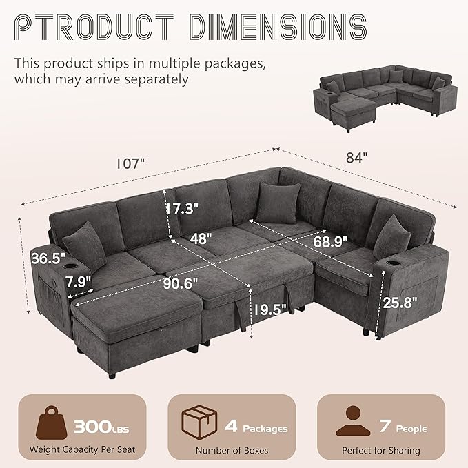 107 Modular Sectional Sleeper Sofa with Pull Out Bed 7 Seat U Shaped Couch with Storage Ottoman USB Port &amp 6 Pillows Sectional Couches for Living Room &amp Apartment Modular Cloud Couch Gre