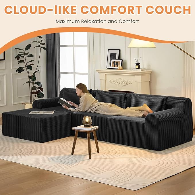 Oversize Boneless Couch for Living Room Comfort L Shaped Cloud Couch Sectional with Deep Seat and Movable OttomanModular Sectional Sofa with 5 PillowsNo Assembly RequiredBlack