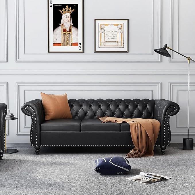 PU 3 Seater Sofa Chesterfield Sofa Modern Tufted Couch 3 Seater Large Sofa with Scroll Arms and Nailhead for Living Room Black PU