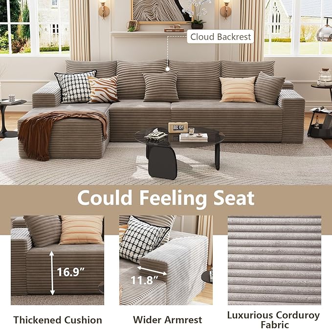 135.4 Cloud Sectional Couch with L-Shape Chaise Modern Modular 4-Seater Sofa with Deep Seat Corduroy Upholstered Couches for Living Room Bedroom No Assembly Required(Camel Left Facing)