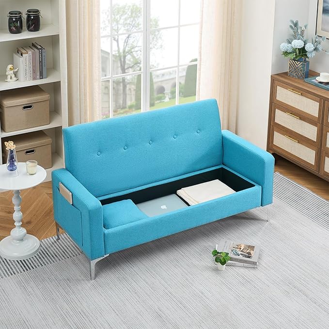 57 Blue Suede Couch Mini Comfy Sofa with Spring Cushions Loveseat Storage Sofa for Bedroom Small Couch for Small Spaces Modern Living Room 2 Seater Sofas with Pillow Seat (Blue)