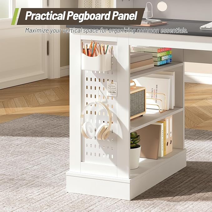 55-Inch Farmhouse Executive Desk with 2 Drawers and File Cabinet Computer Desk with 3-Tier Storage Shelves Home Office Desk with Charging Station Pegboard and Monitor Shelf White and Black