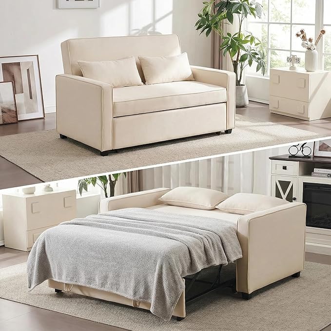 Furnimart Convertible 3-in-1 Sofa Bed with Adjustable Backrest Metal Frame Pull Out Couch Loveseat Sleeper Linen Sleeper Sofa for Living Room Apartment Small Space (Beige)