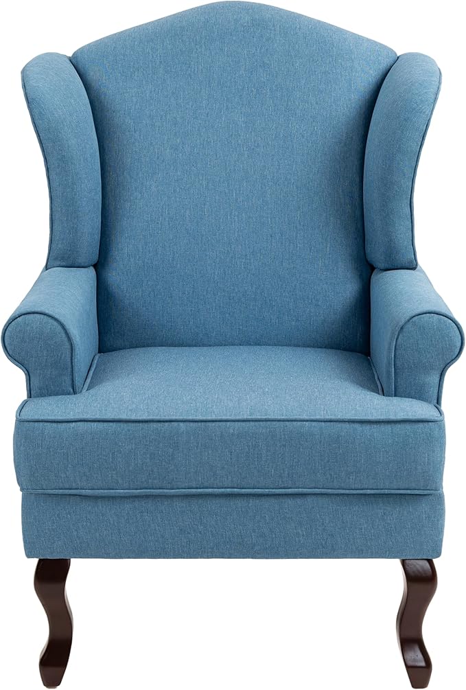 UIXE High Back Accent Chair for Living Room Comfy Upholstered Armchair in Fabric with Retro Solid Wooden Legs Traditional Arm Chair Single Sofa Reading Seat - Sky Blue