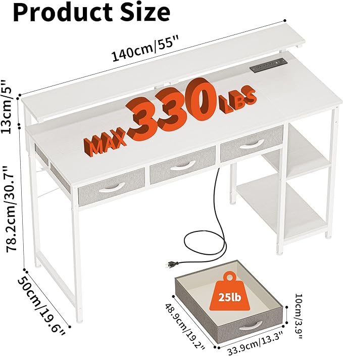 JOISCOPE Home Office Desk with Power Outlets (3AC USB Type-C) 55 × 20 Inch Computer Desk with 3 Drawers &amp Shelves Laptop Table with Display Riser Gaming Study Drafting Table for Bedroom Whit