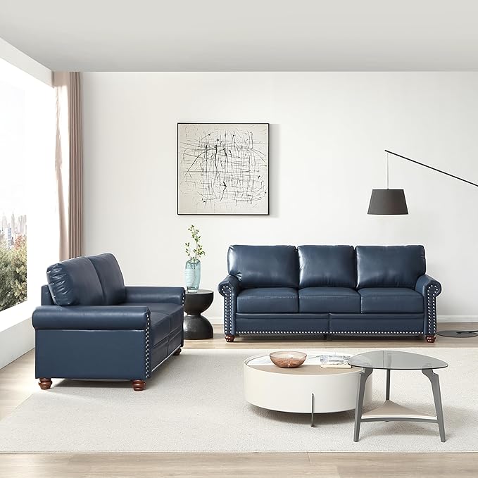 Faux Leather Sofa Set of 2: Love Seat +3 Seat Couch Underseat Storage Classic Sofa Elegance Rolled Armrests Nailhead Trim Wood Legs Classic Living Room Accent 2+3 Seat-Navy Blue