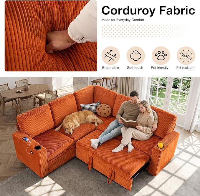 83 Sleeper Couch with Pull Out Sofa Bed 5-Seater Sectional Couches for Living Room L-Shaped Couch with Storage USB Port &amp Cup Holder Corduroy Convertible Corner Sofa for Apartment