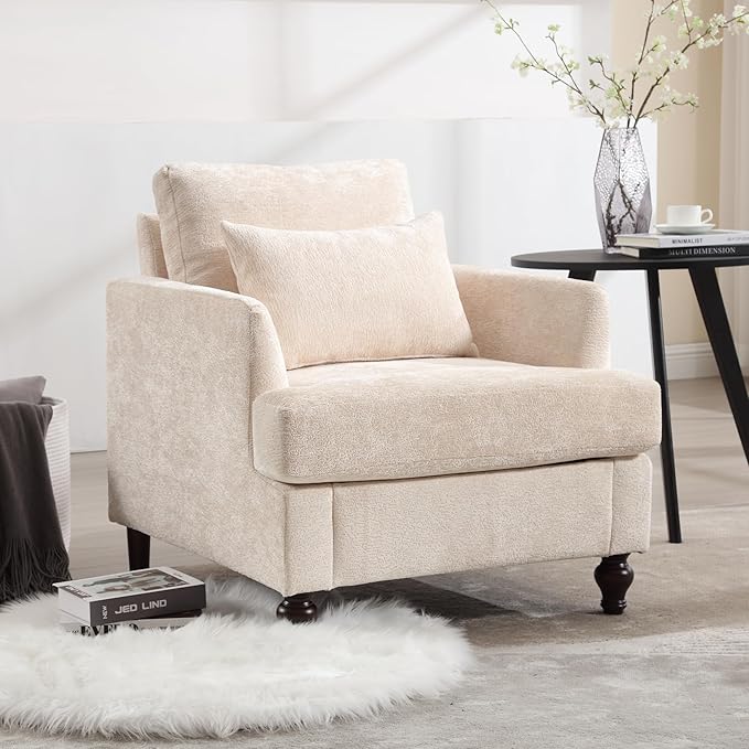 Mid Century Modern Accent Armchair for Living Room Chenille Fabric Single Sofa Chairs with Pillow Upholstered Cozy Side Reading Lounge Chair for Bedroom Club Office Apartment Beige