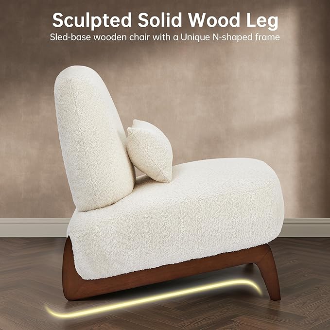 Morden Fort Boucle Chair Upholstered Accent Chair Tilted Wooden Leg with Durable Comfy Boucle Pet-Friendly Thick Cushion &amp Pillow Armless Modern Chairs for Living Room Bedroom Reading Beige