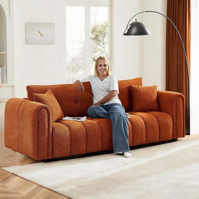 91.5 Sofa Couch w/Medium Firm Seat Cushion Tufted BackCloud Loveseat w/Deep Seats &amp Chenille Fabric 3 Seater Sofa for Living Room Apartment Lounge Office (Orange)