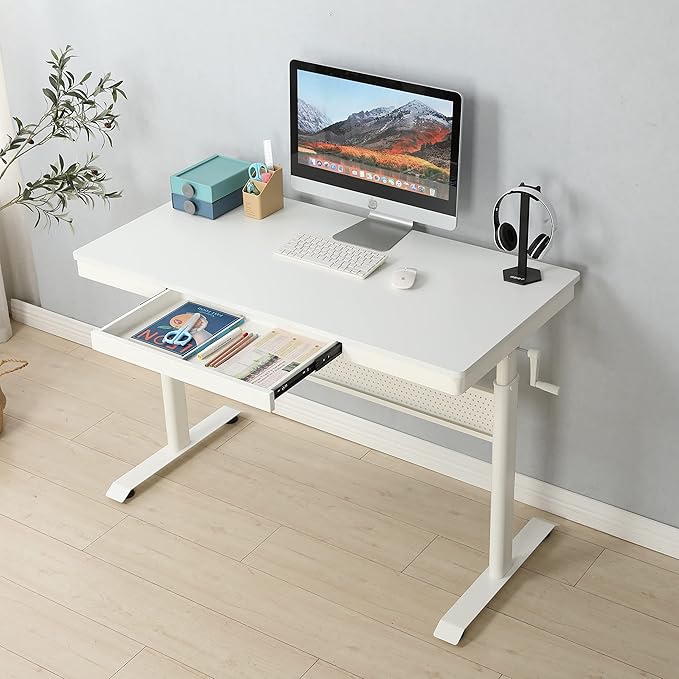 (White Tabletop) 48 x 24 InchesStanding Desk with Metal Drawer Adjustable Height Stand up Desk Sit Stand Home Office Desk Ergonomic Workstation