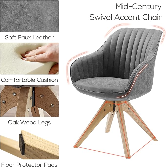 Art Leon Office Chair No Wheels Mid Century Modern Desk Chair Swivel Accent Chair with Oak Wood Legs Faux Leather Upholstered Armchair for Desk Gray