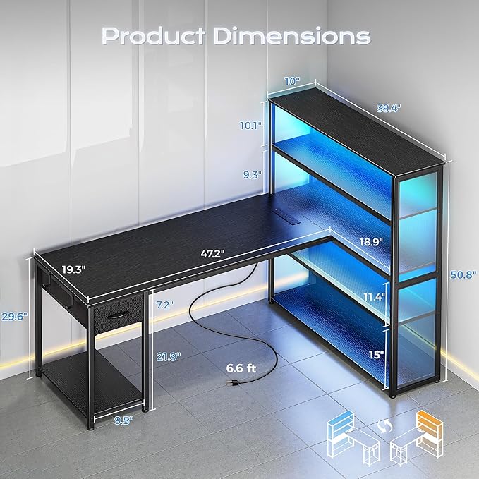 PRAISUN 57 Inch L Shaped Gaming Computer Desk with Larger Open Cabinet Reverisble Office Desk with Power Outlets LED Lights Work Desk Fabric Drawer Adjustable Wood and Mesh Shelf Black