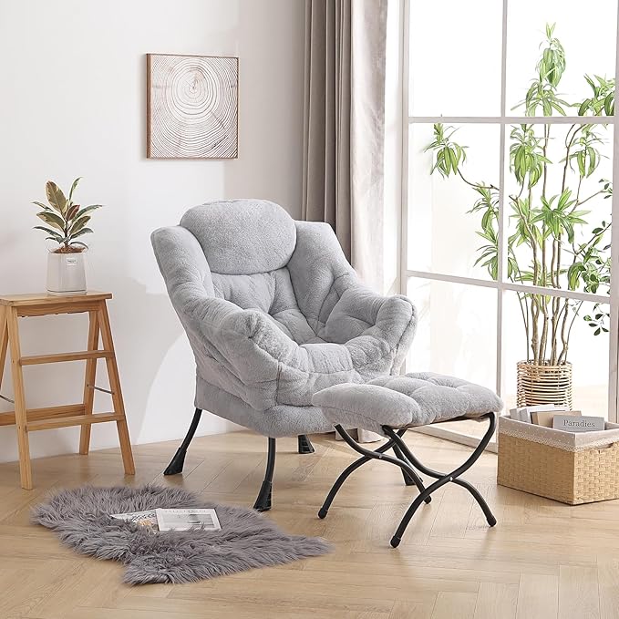 LITA Lazy Chair with Ottoman Modern Accent Leisure Upholstered Sofa Chair Contemporary Lounge Reading Chairs with Armrests and a Side Pocket for Living Room Bedroom &amp Small Space Plush Grey