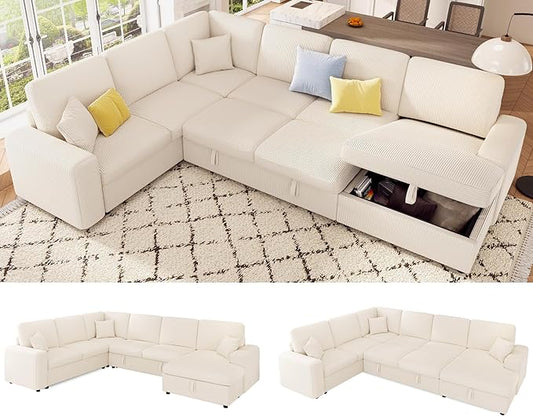 VanAcc 130 Sofa Bed Sectional Sleeper Sofa with Pull Out Bed Sleeper Couch with Storage 6 Seater Couch for Living Room Corduroy Off-White