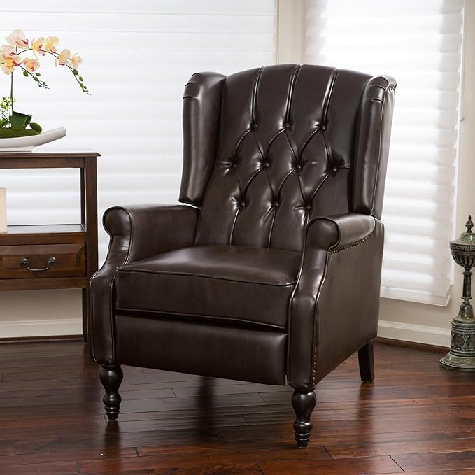Christopher Knight Home GDFStudio Elizabeth Tufted Bonded Leather Recliner Vintage Reclining Reading Armchair 28.5D x 34.5W x 41H in Brown