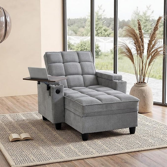 Modern Tufted Linen Fabric Chaise Lounge Sofa Chair with Rotating Side TableStoragePillowUSB Charging Ports and Adjustable Backrest Perfect for Living Room Small Spaces (12-Light Gray)