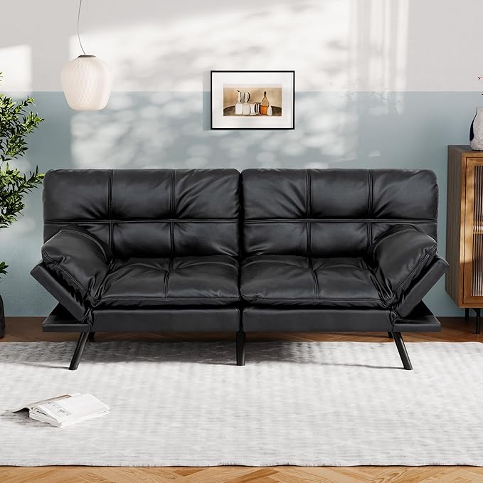 Vyfipt Convertible Futon Sofa Bed Black Faux Leather Futon Couch with Adjustable Backrest &amp Armrests Folding Small Recliner Sleeper Sofa Bed for Living Room Apartment Office